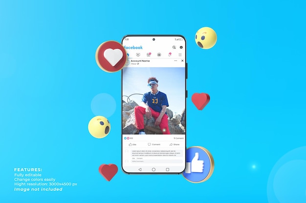 PSD phone of social media mockup on smartphone and emoticon