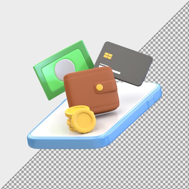 банкноты и монеты телефонного кошелька для онлайн-платежей 3d-рендеринг иллюстрации