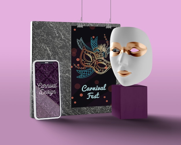 PSD phone with carnival design beside mask