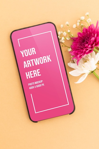 PSD phone with flowers mockup