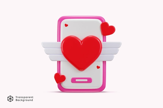 Phone with flying hearts wings icon 3d rendering vector illustration