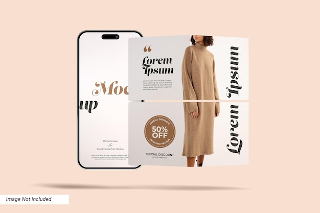 Telefono con mockup di post sui social media