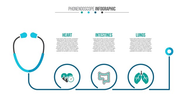 PSD infografica fonendoscopio modello medico e sanitario per la presentazione con 3 passaggi