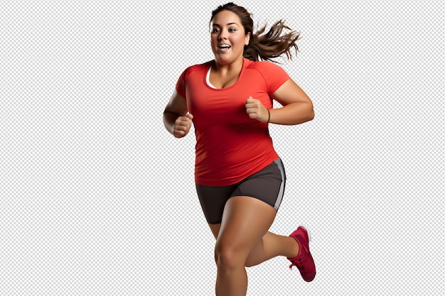 PSD foto di una donna grossa che fa esercizi di corsa e vuole perdere peso senza sfondo