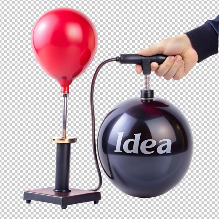 PSD photo black hand air pump inflates balloon with id on transparent background