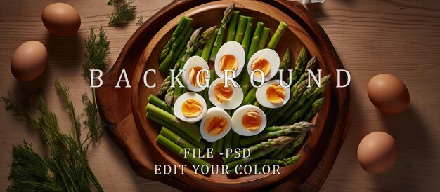 PSD foto di uova bollite su asparagi e tavolo rotondo di legno.