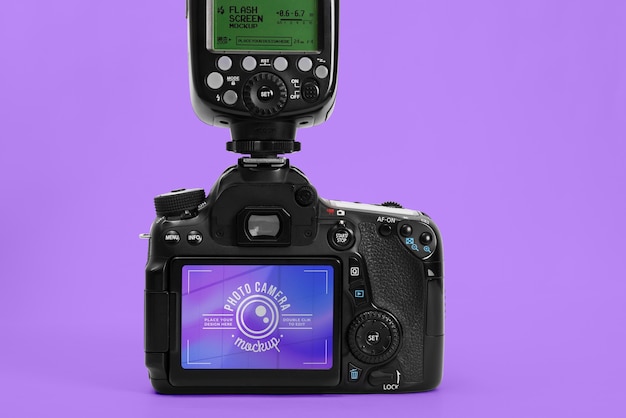 PSD photo camera with purple background mockup