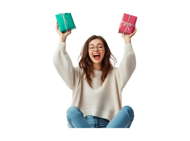 PSD photo of charming positive lady sit raise packages up enjoy win shopping lottery