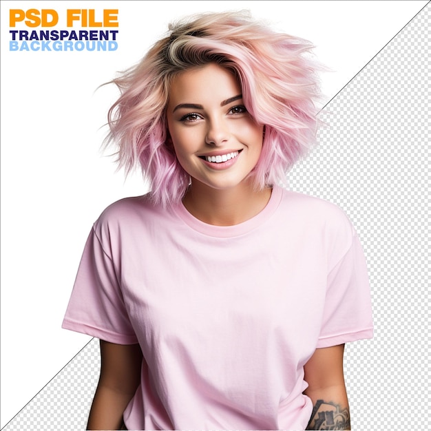 PSD a photo of a cheerful and happy 20yearsold girl whith pinky hair