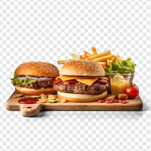 PSD photo of a cheeseburger with french fries and soda on isolate transparency background psd