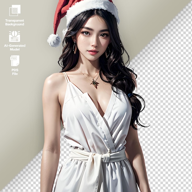 PSD photo christmas woman beauty asian model girl in santa hat isolated on transparent background