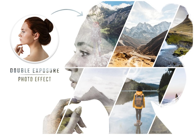 PSD photo collage double exposure effect mockup