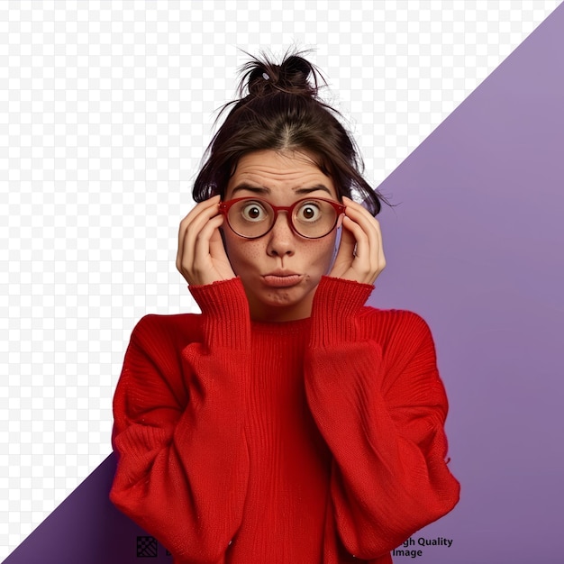 PSD photo of desperate dissatisfied puzzled young woman raises eyebrows looks through spectacles reacts on bad news keeps hands on frame dressed in red clothes poses over violet studio wall