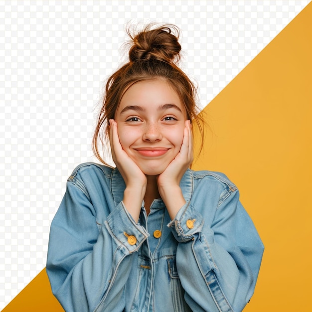 PSD foto di una studentessa sognante e carina che indossa una camicia denim braccia sorridenti guance che guardano spazio vuoto colore giallo isolato sfondo isolato