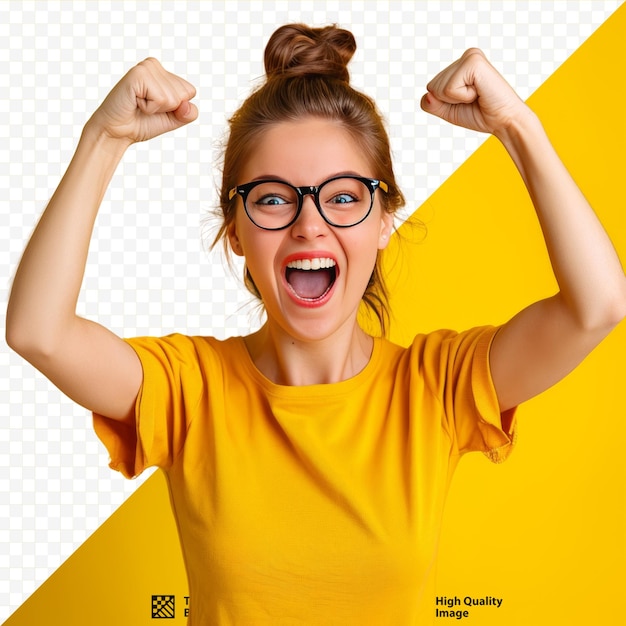 PSD photo of ecstatic lady shout loud yeah fist up raise win lottery isolated bright shine color isolated background