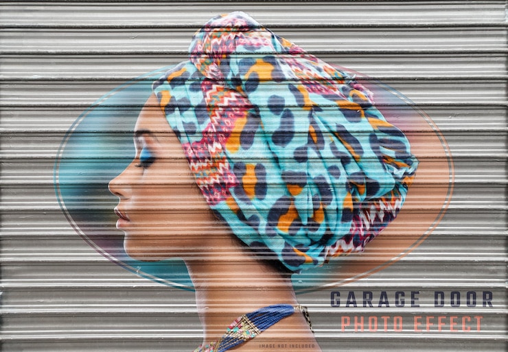 PSD photo effect overlay on garage door texture mockup