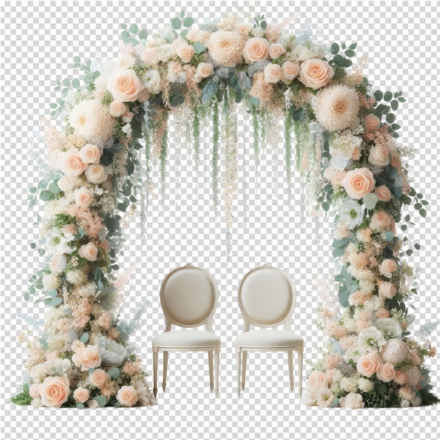 PSD a photo of a flower arrangement with a white background with a photo of a bride and groom