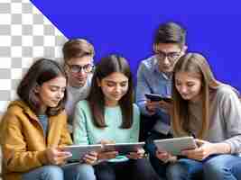 PSD photo of four young people sitting and reading on tablet