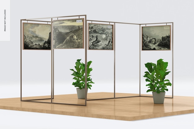 PSD photo frame on metal stand with plants mockup