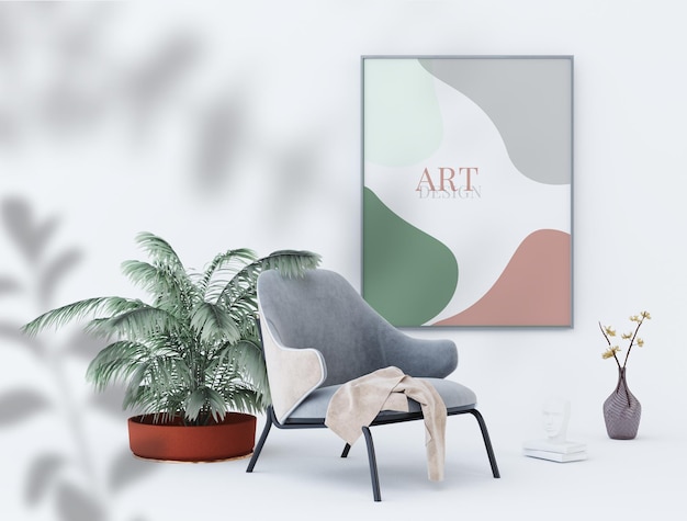 Photo frame mockup art design near potted plant