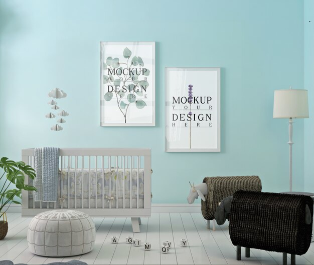 Photo frame mockup in blue nursery room