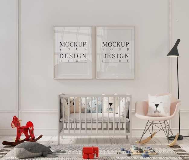 Photo frame mockup in cute interior of nursery room