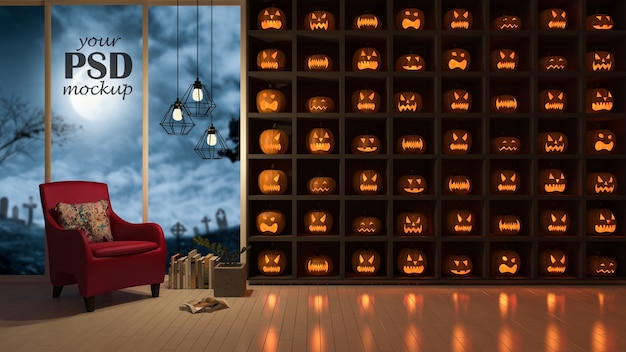 Photo frame mockup. an interior design in halloween festival. a lot of pumkind heads on th