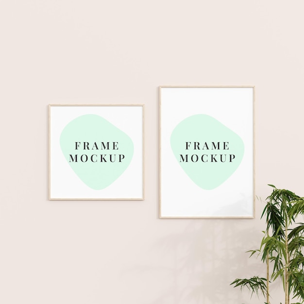 Photo frame mockup in living room with empty space hanging on the wall and plant