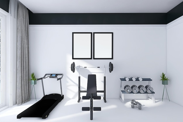 Photo frame mockup in minimal gym interior design scene with treadmill, dumbbell rack, bench press