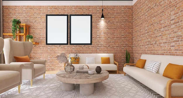 PSD mockup di cornice per foto nel design degli interni del soggiorno moderno con sfondo di texture di mattoni