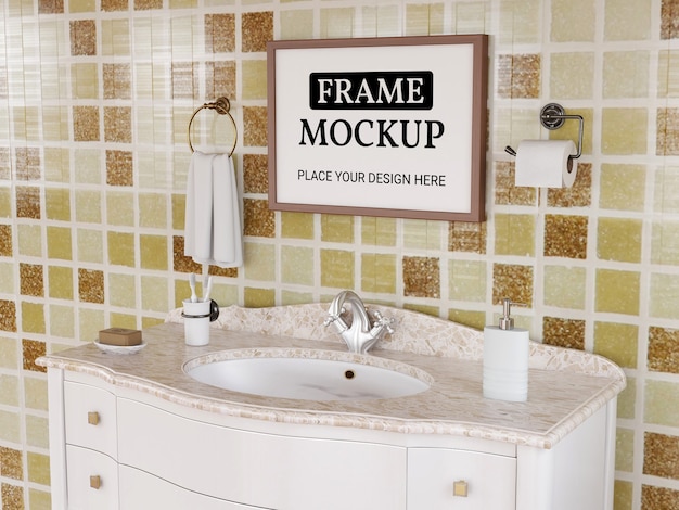 Photo frame mockup realistic in the bathroom