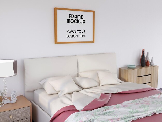 PSD photo frame mockup realistic in the bedroom