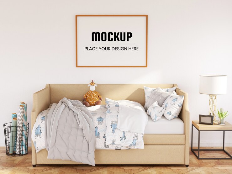 PSD photo frame mockup realistic in the bedroom