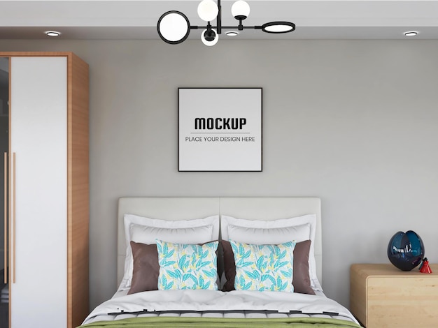 PSD photo frame mockup realistico in camera da letto