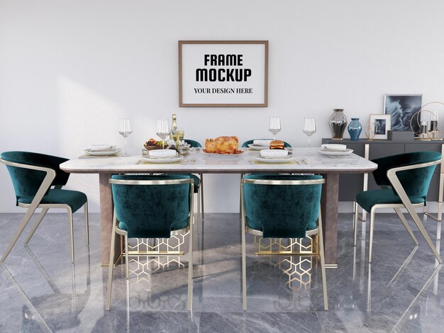 PSD photo frame mockup realistic in the dining room