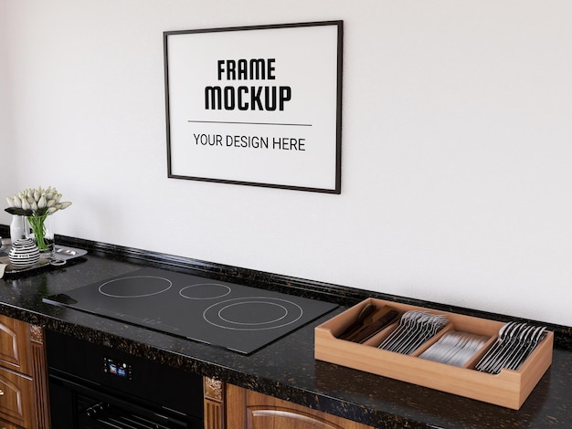 Photo frame mockup realistico nella cucina moderna