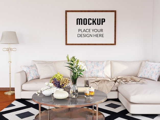 Photo frame mockup realistico nel soggiorno moderno