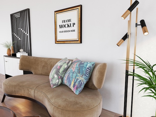 Photo frame mockup realistic in the modern living room