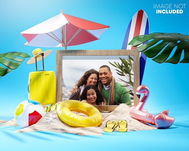 PSD photo frame mockup summer beach accessories 3d rendering