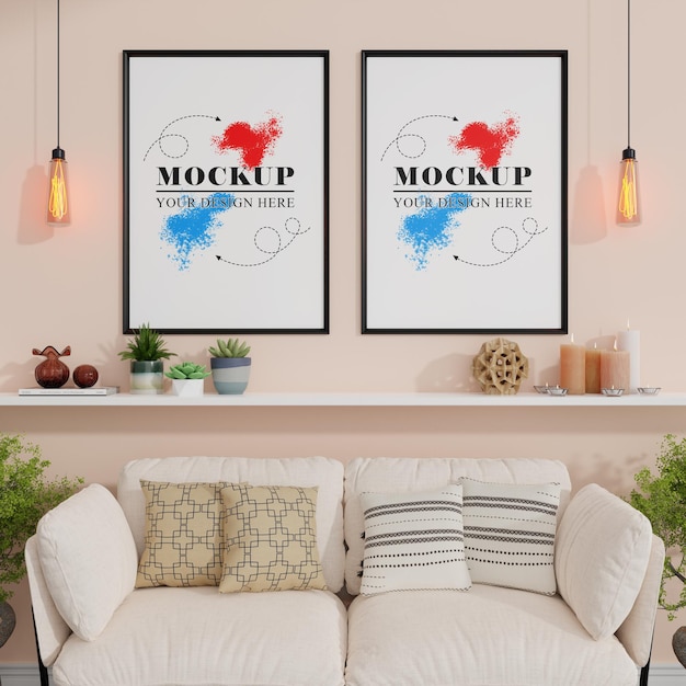 Photo frame mockup on the wall in living room with hanging lamp