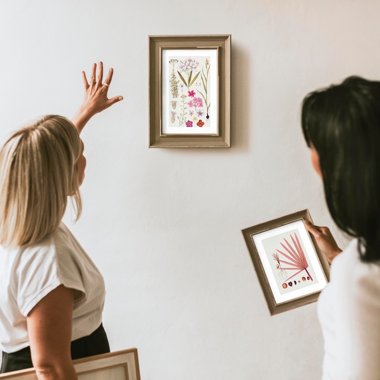 PSD photo frame mockup women decorating wall psd