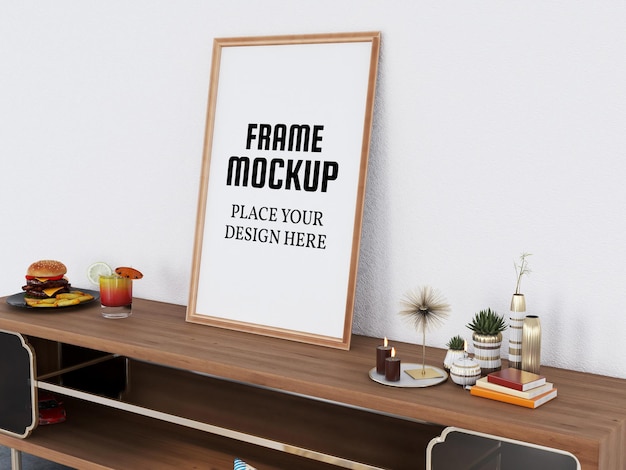 Photo frame mockup on the wooden desk