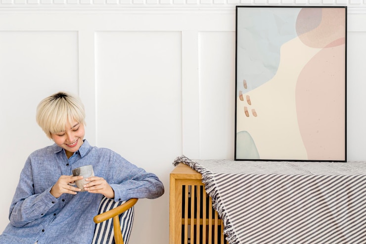 PSD photo frame mockup on wooden sideboard