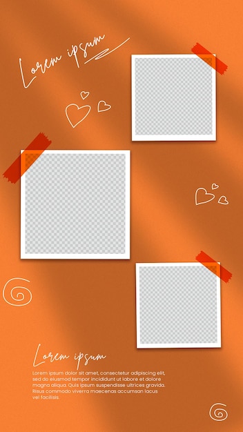 PSD photo frame set mockup with ornament vertical orange