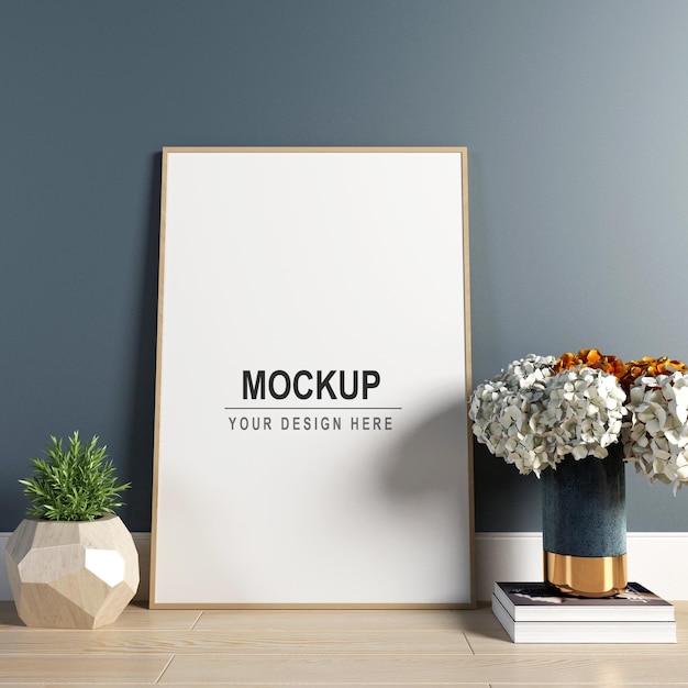 Photo frame with flowers mockup design in 3d rendering