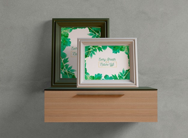 Photo frames mock-up on shelf