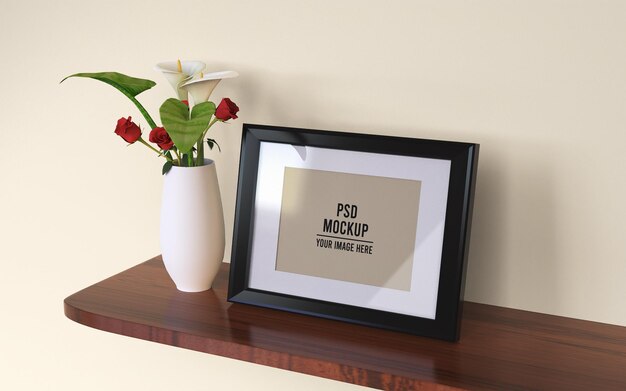 Photo in frames mockup on a hanging wooden board with flower vase