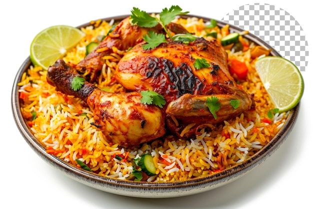 PSD photo of freshly cooked chicken with biryani rice on transparent background