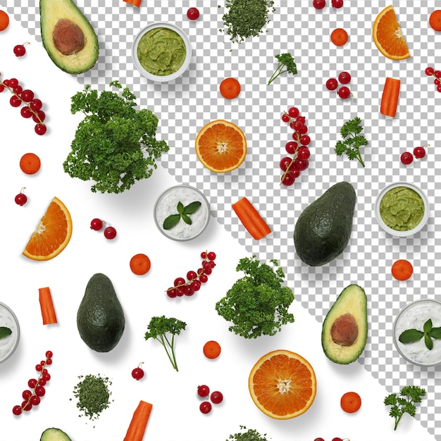 A photo of fruits and vegetables including avocado carrot and broccoli transparent images