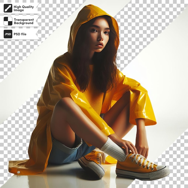 A photo of a girl in a raincoat sitting on a table